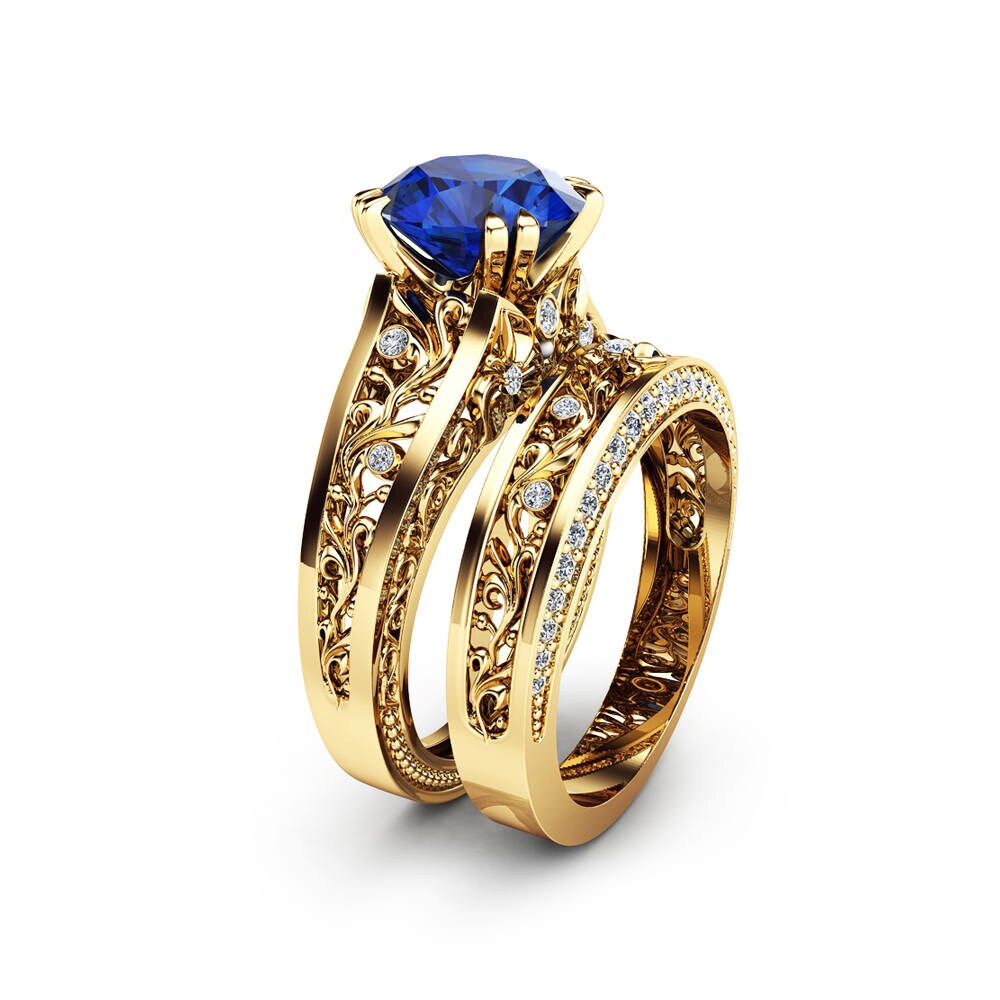 2 Carat Sapphire Engagement Ring Set Art Deco 14K Yellow Gold Diamond Band