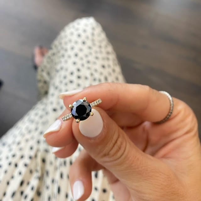 stylish Black Diamond Engagement Promise Ring, 3.19 Carat Round & White Diamonds Band in 14K Yellow Gold, Handmade Jewelry