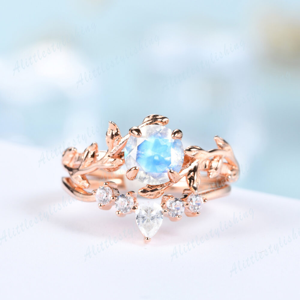 Rainbow Moonstone Promise Ring Set 14K Rose Gold Wedding Vintage Engagement Rings Leaf Bridal Anniversary Gifts