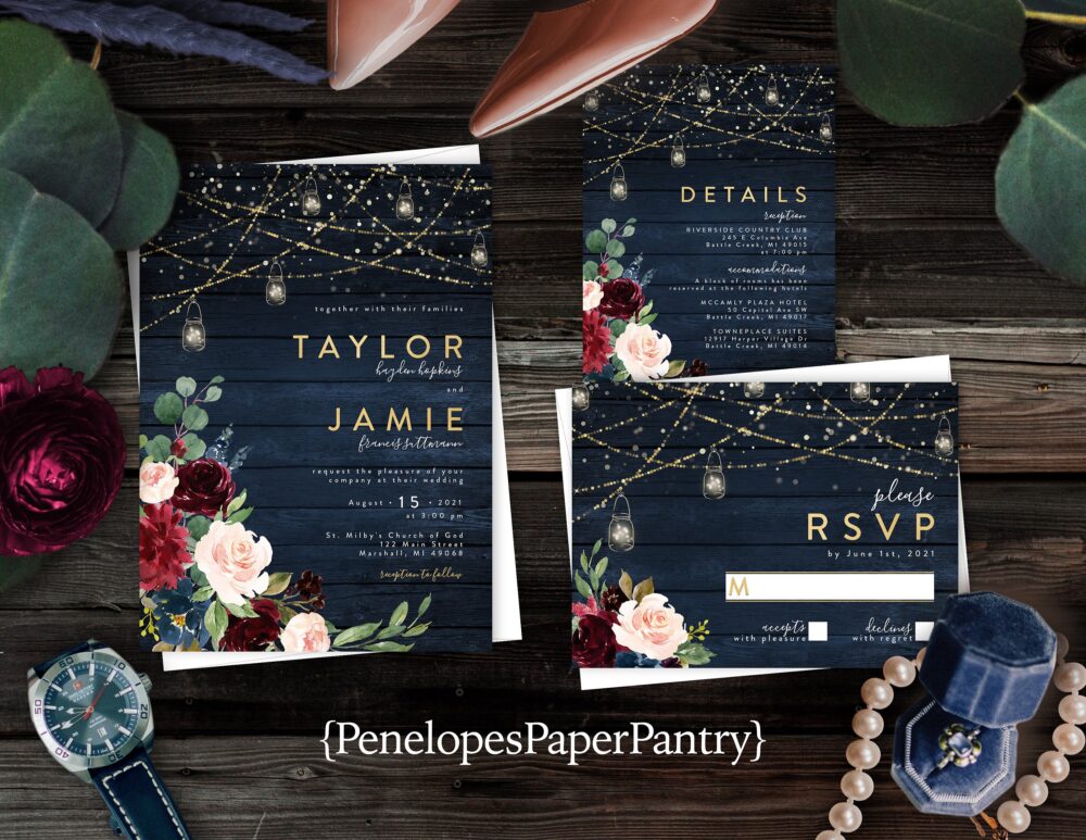 Rustic Navy Floral Fall Wedding Invitation Personalized Barn Wood Burgundy Mason Jar Lights Gold Print Satin Invitations Envelopes
