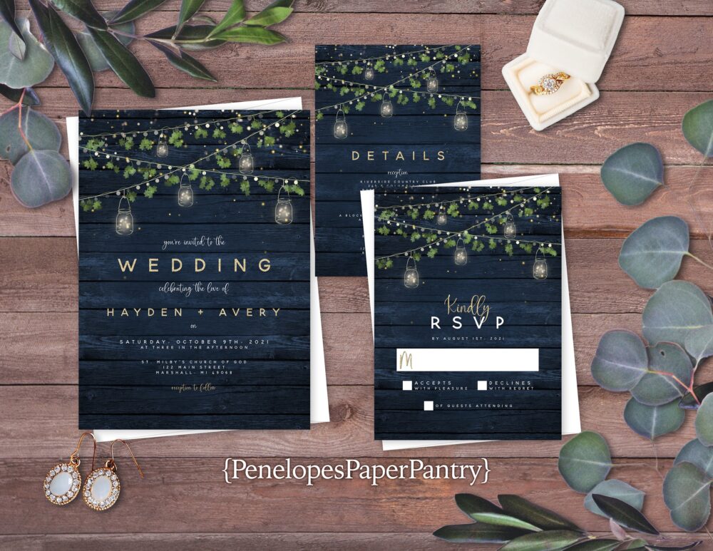 Rustic Summer Wedding Invitation, Summer Invite, Mason Jar Lights, Greenery, Navy Barn Wood, Personalize, Printed Invitation, Envelope