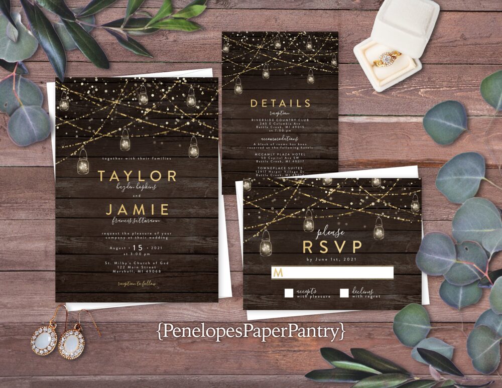 Rustic Wedding Invitation, Rustic Invite, Rustic Wood, Mason Jar Light, Twinkling Light, Gold Print, Personalize, Satin, Envelope, Printed