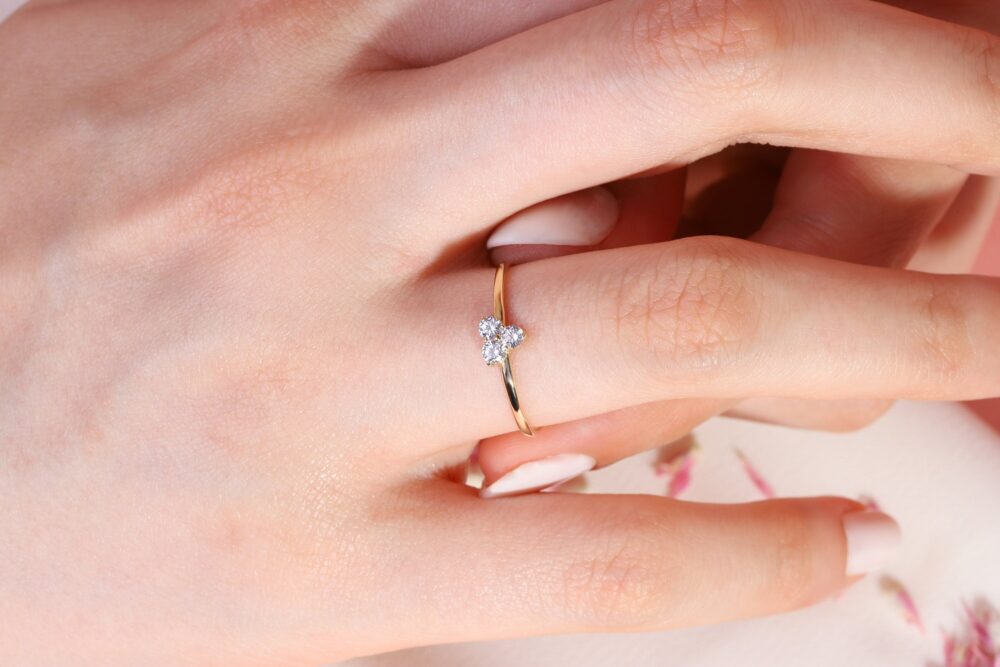 Three Triangle Thin Diamond Wedding Ring 14K Solid Gold Band, Triangular Tiny Multi Moissanite Engagement