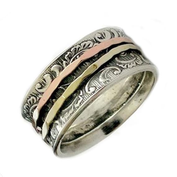 Yellow & Rose Gold Bands, Wedding Band, Sterling Silver Filigree Stacking Spinner Ring, Two Tone Ring - Ghost Of My Joy R1733A