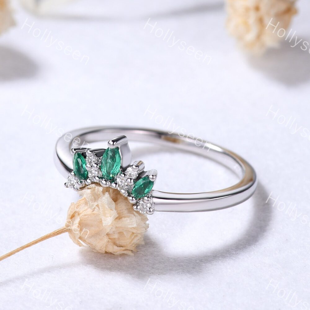 Emerald Diamond Wedding Ring Band 14K White Gold Marquise Green Gemstone Stacking Vintage Crown Matching Women Stackable