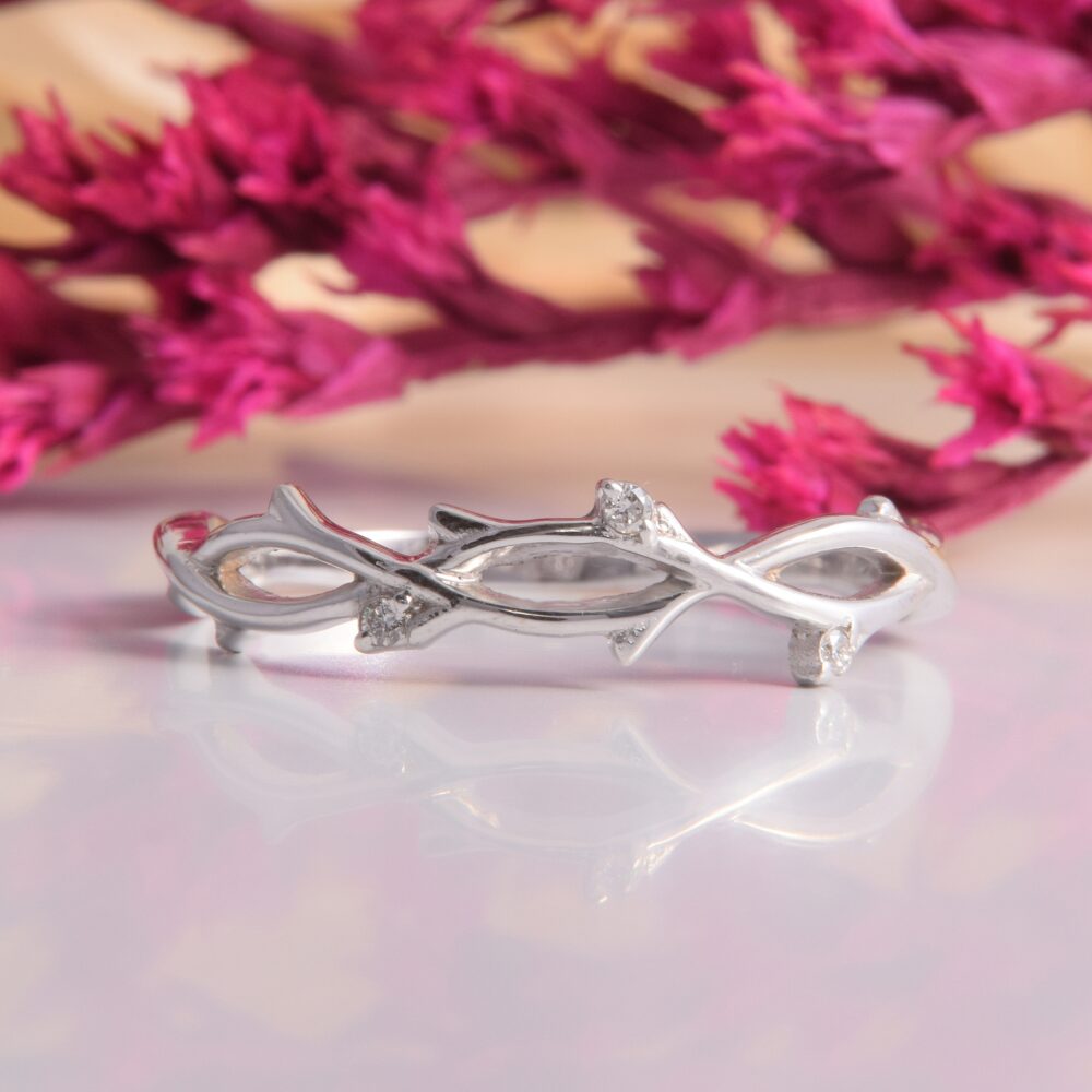 Unique Womens Tree Wedding Band, Branch Leaf White Gold Band For Her, Dainty