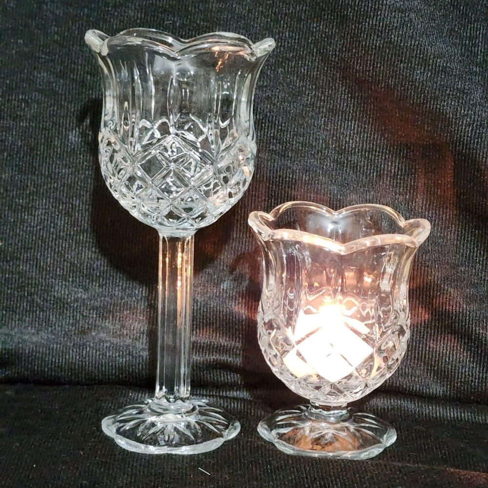 2 Homco Glass Scalloped Candle Holders Votive Tealight 4" & 7" Set Stemmed 1980S