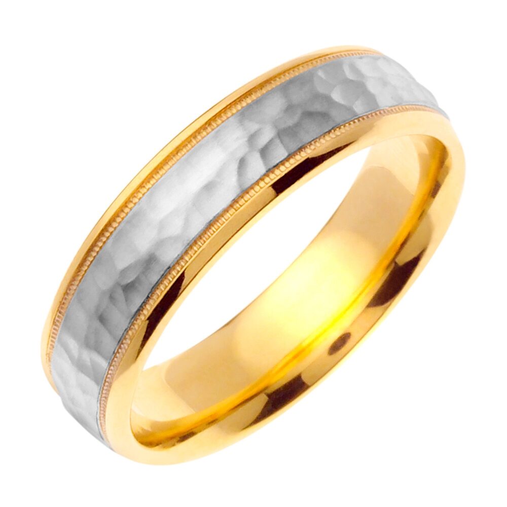 6mm Two Tone Yellow Gold /White Hammered Band, Wedding Brushed Finish, Millgrain Comfort Fit, Finish Center