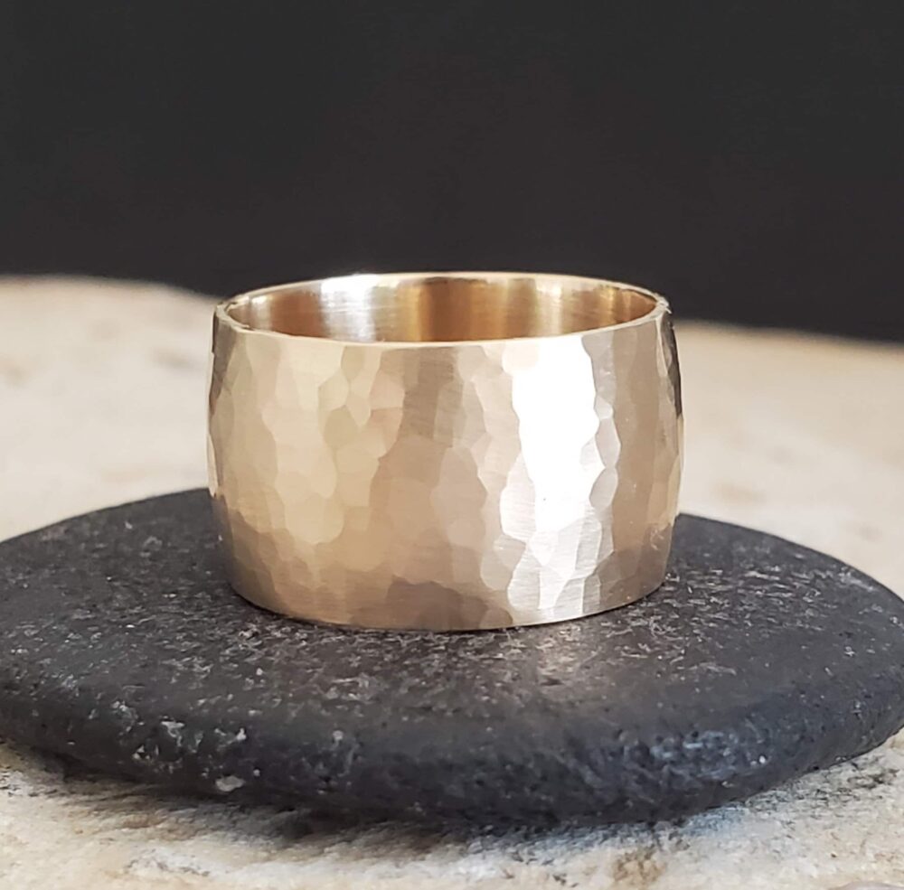 14K Yellow Gold Band 10mm Hammered Band, Textured Wedding Handmade Solid Gold Made To Order Custom, Personalized