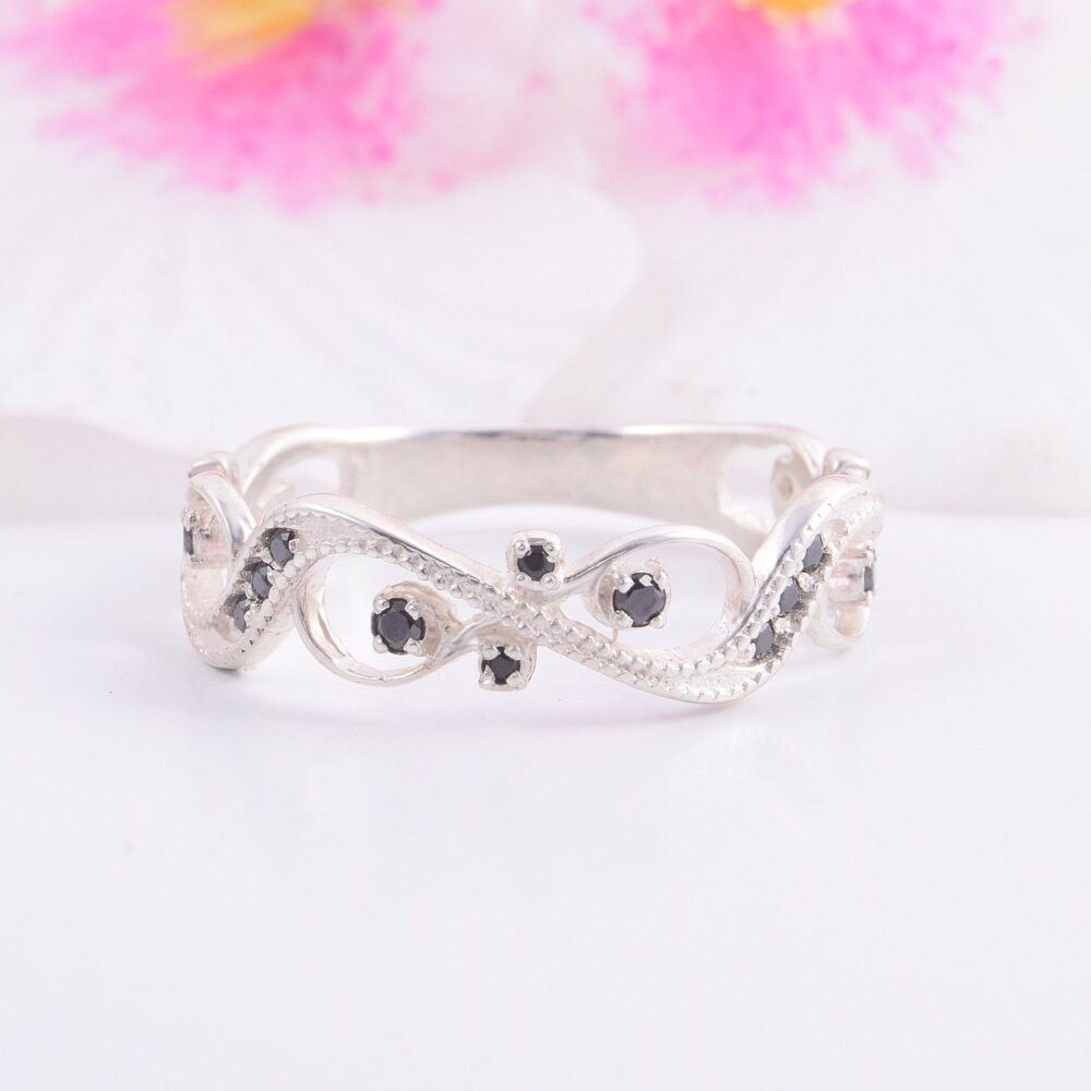 Art Deco Womens Wedding Band, Sterling Silver Band With Black Stones, Black Cz Band, Unique Band, Antique