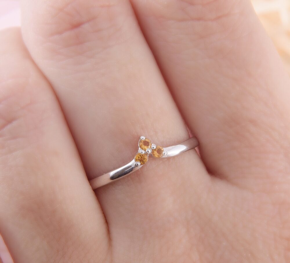 Womens Citrine Curved Wedding Band, Silver Ring, Unique Chevron Small & Dainty V Shaped Band For Her