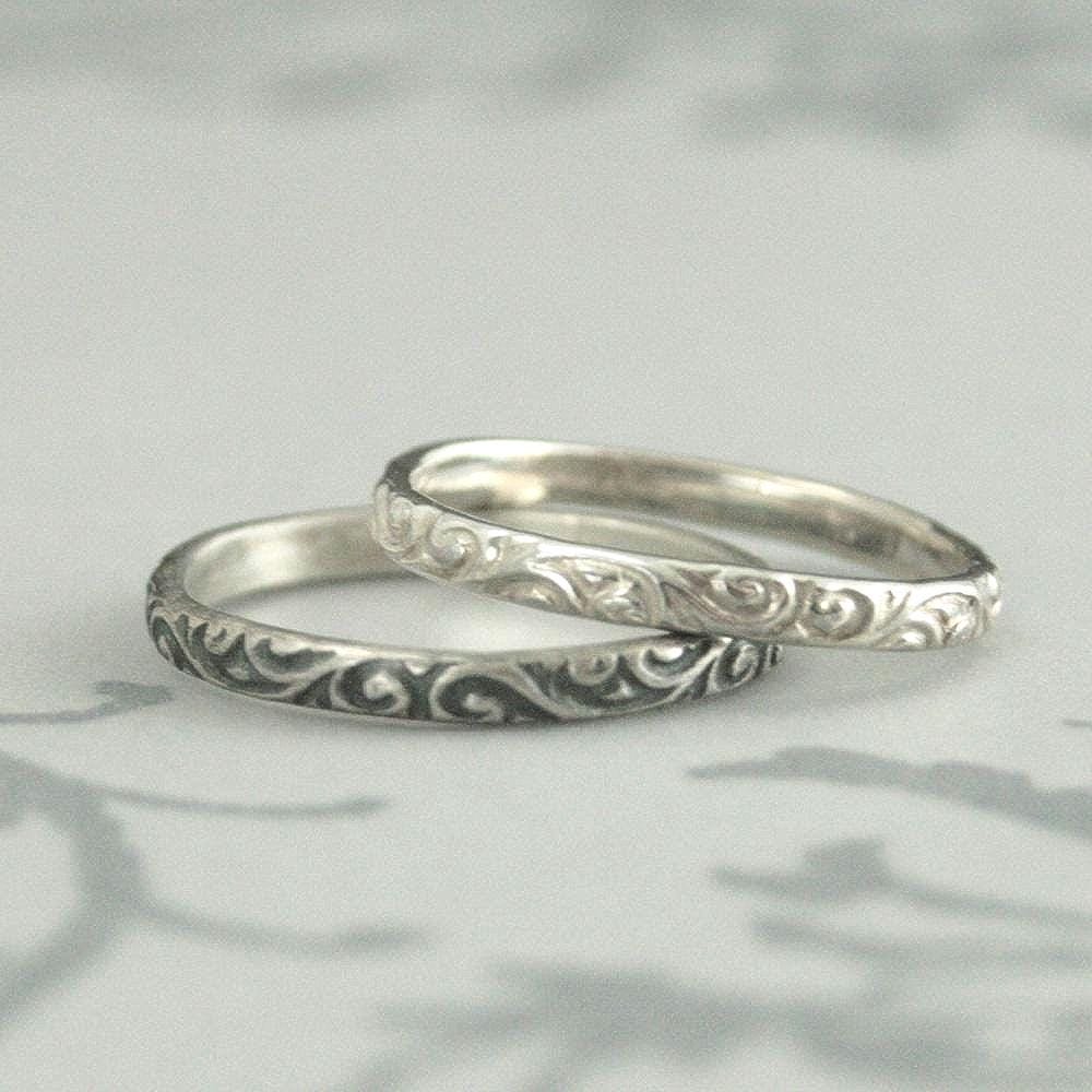 Ring Womens Wedding Band Silver Women Stacking Thin Pattern Skinny Flourish