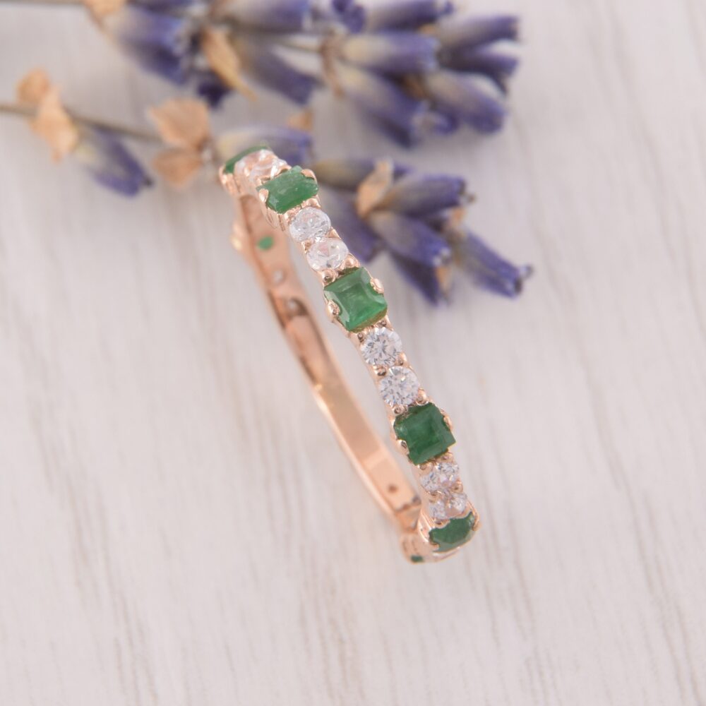 Womens Emerald Gold Wedding Band, Unique Ring, Dainty Minimalist Small Ring