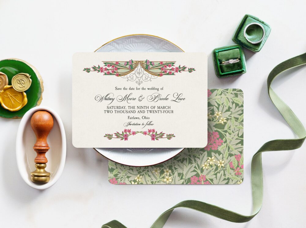 Vintage Botanical Wedding Save The Date Postcard Art Nouveau Floral