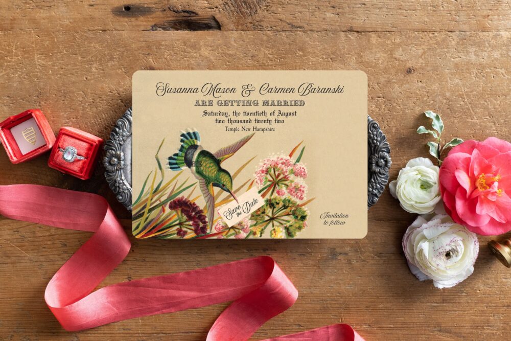 Botanical Wedding Save The Date Postcards Victorian Rose & Hummingbird