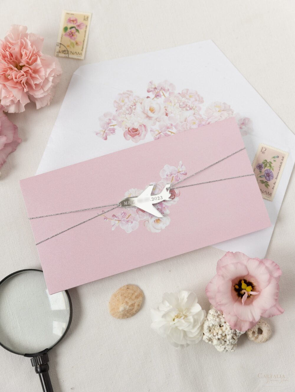 Wedding Passport Folder Wallet in Blush Pink, Passport Invite Pocket & Mirror Plane Tag Invitation Suite, Destination