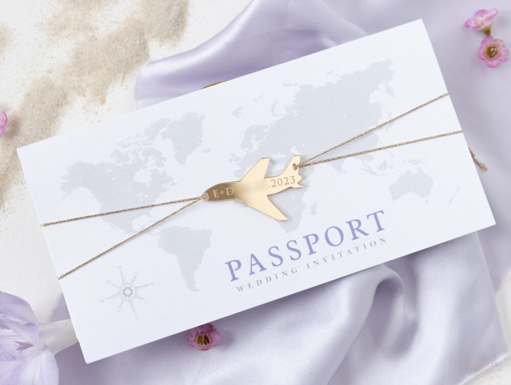 Folder Wallet Luxury White & Lilac Purple Wedding Passport Invite Pocket + Mirror Plane Tag Invitation Suite, Destination