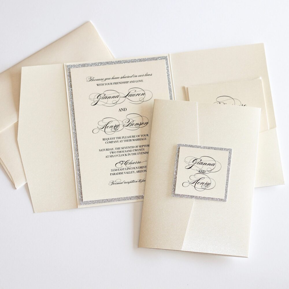 Ivory & Silver Glitter Wedding Invitation Pocket Fold Elegant Invite Champagne Printed Gianna
