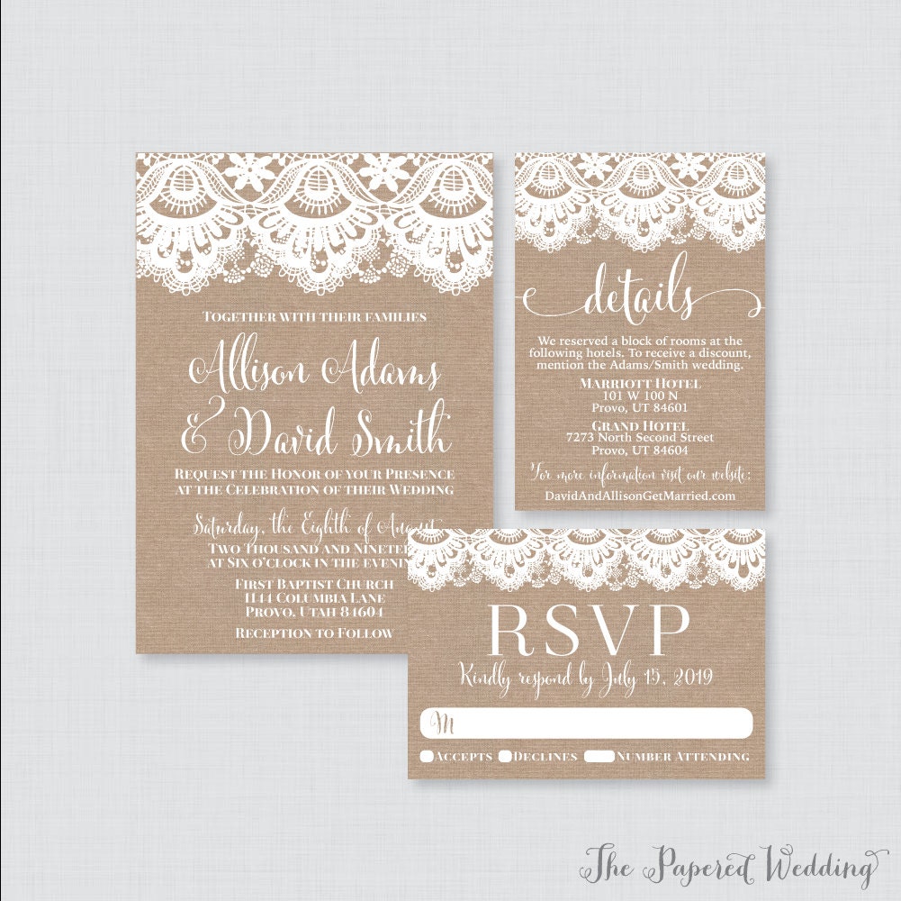 Printable Or Printed Wedding Invitation Suite - Burlap & Lace Package Rustic Invites With 0002