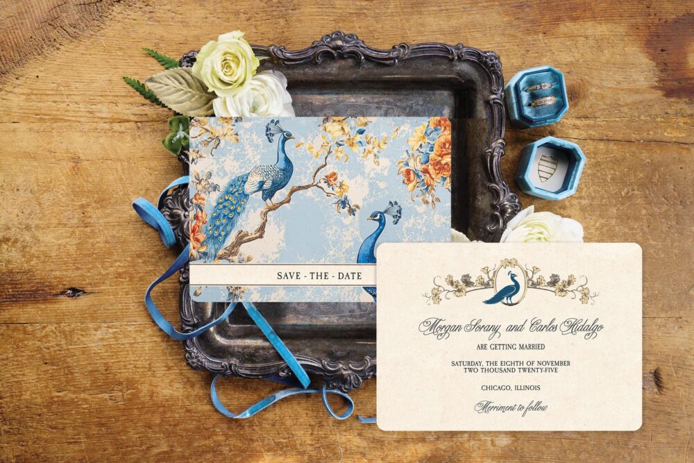 Peacock Wedding Save The Date Cards Vintage Boho Design