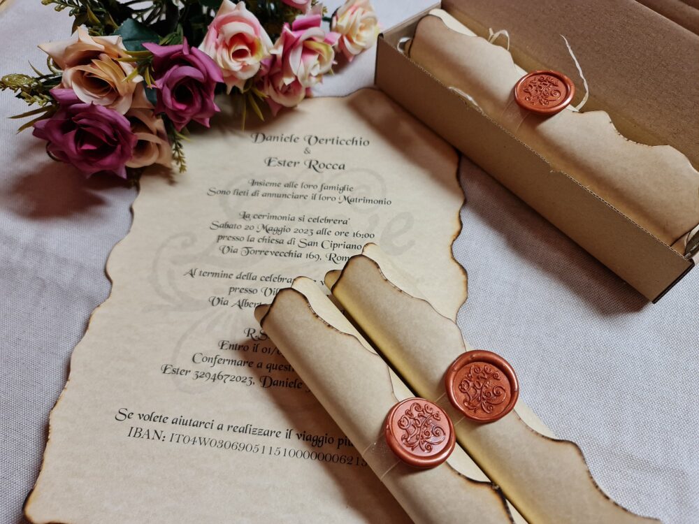 Sample Vintage Wedding Scroll Invitation Handmade With Wax Seal Stamp, Sample Piece