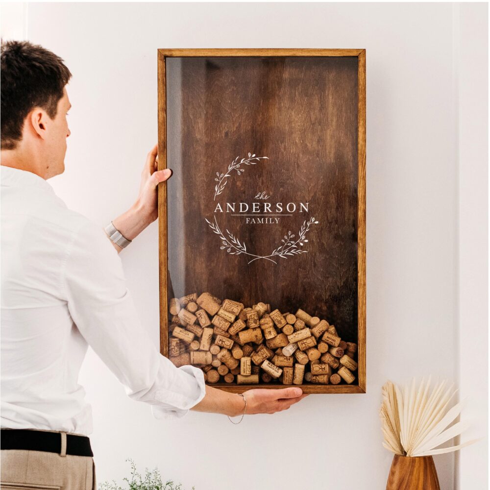 Christmas Wine Gift Personalized, Custom For Couple, Anniversary Parents, Rustic Wood Cork Holder, Family Name Sign