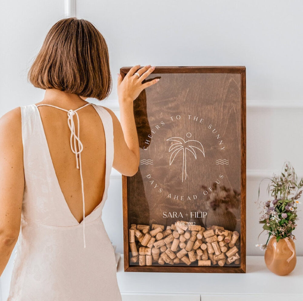 Wine Cork Holder Beach Theme, Custom Wedding Gift For Couple, Personalized Idea, Guest Book, Decor Sign