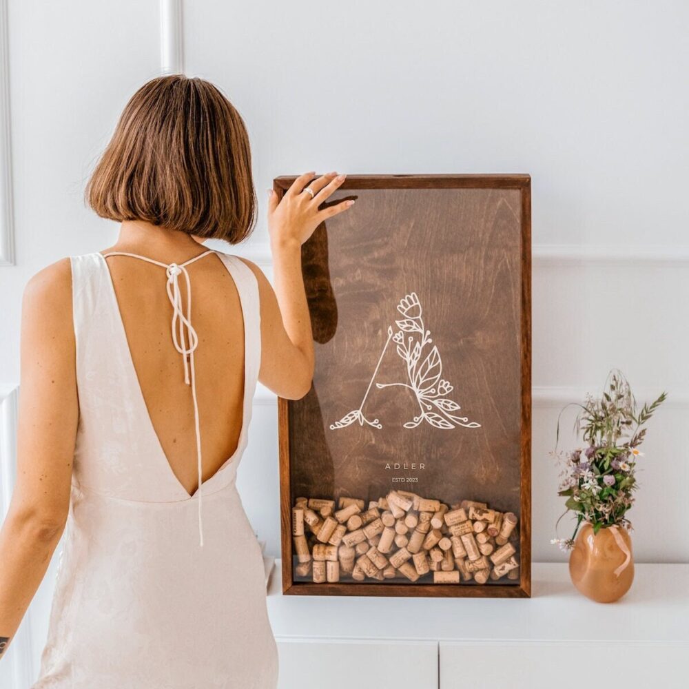 Wedding Gift For Couple, Custom Guestbook Idea, Personalized Wine Wooden Cork Holder, Family Name Sign