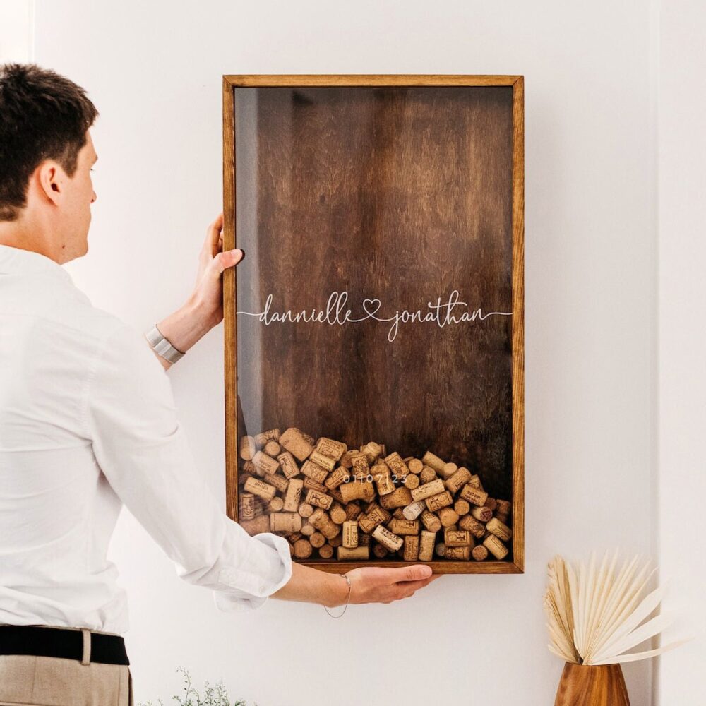 Wedding Gift For Couple, Personalized Engagement Idea, Guestbook Alternative, Custom Boho Wine Cork Holder, Wooden Sign