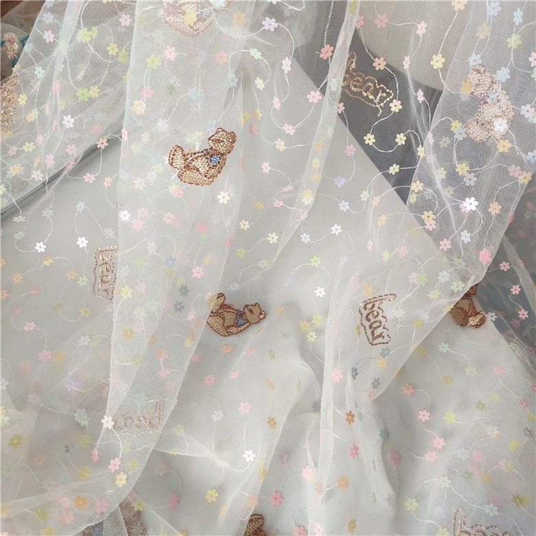 Cute Bear Colorful Sequin White Tulle Mesh Embroidery Lace Fabric Wedding Veil Bridal Baby Girl Dress