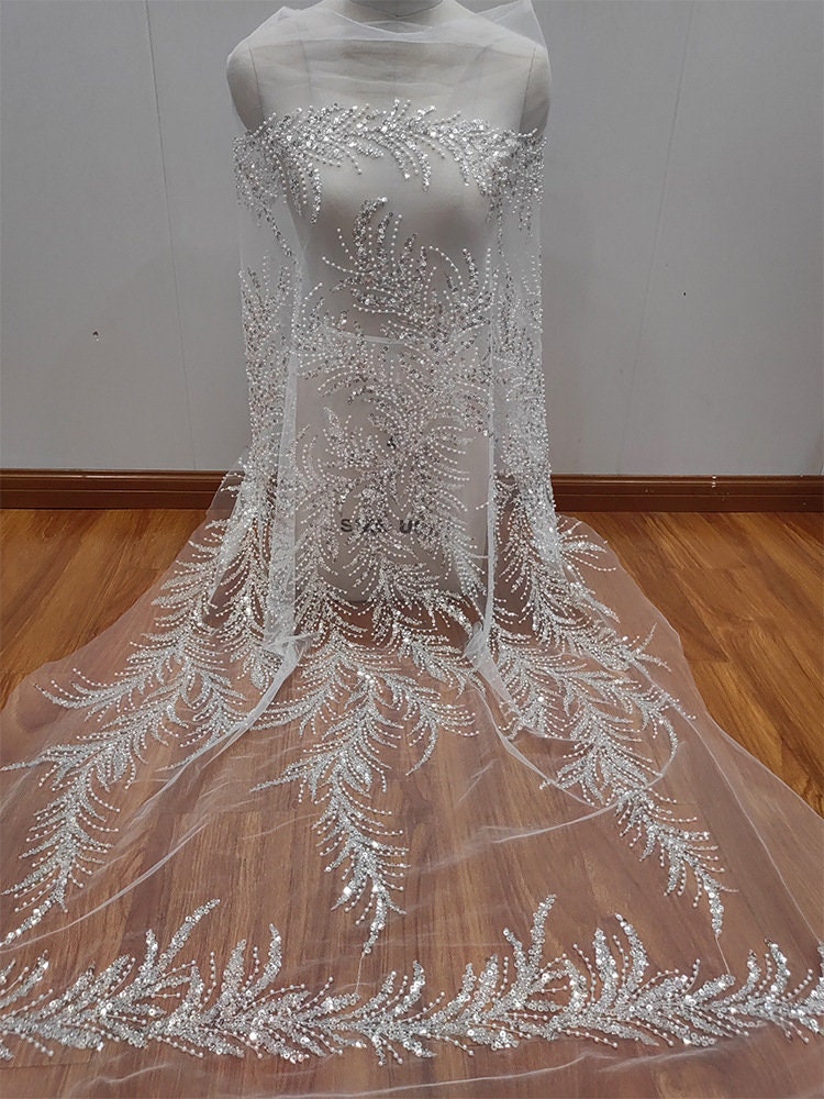 1 Yard Beaded Flower Lace Fabric For Wedding Dress, Performance Costume Mesh Sequin