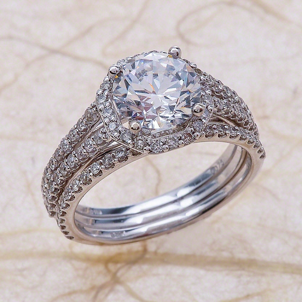 Moissanite Halo Engagement Bridal Ring Set White Gold, Neo Gold