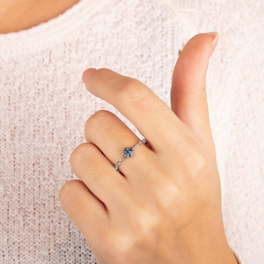 London Blue Topaz Engagement Ring Sterling Silver, Art Deco Dainty Ring, Dainty Bridal Wedding