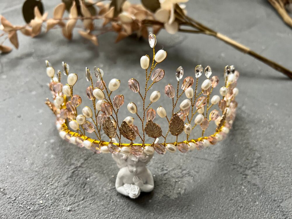 Gold Laurel Leaf Wedding Tiara Crystal Bridal Crown Headpiece Halo Beads Wreath Birthday Gift Christmas