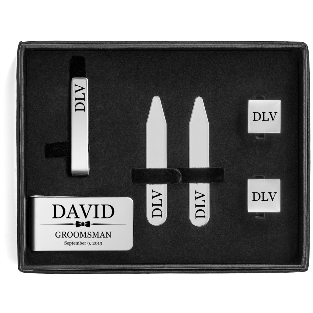Personalized Money Clip, Tie Bar Cuff Links, Collar Stays Set in Gift Box Kit Wedding Bow Engraved Custom Groomsman Best Man Groom