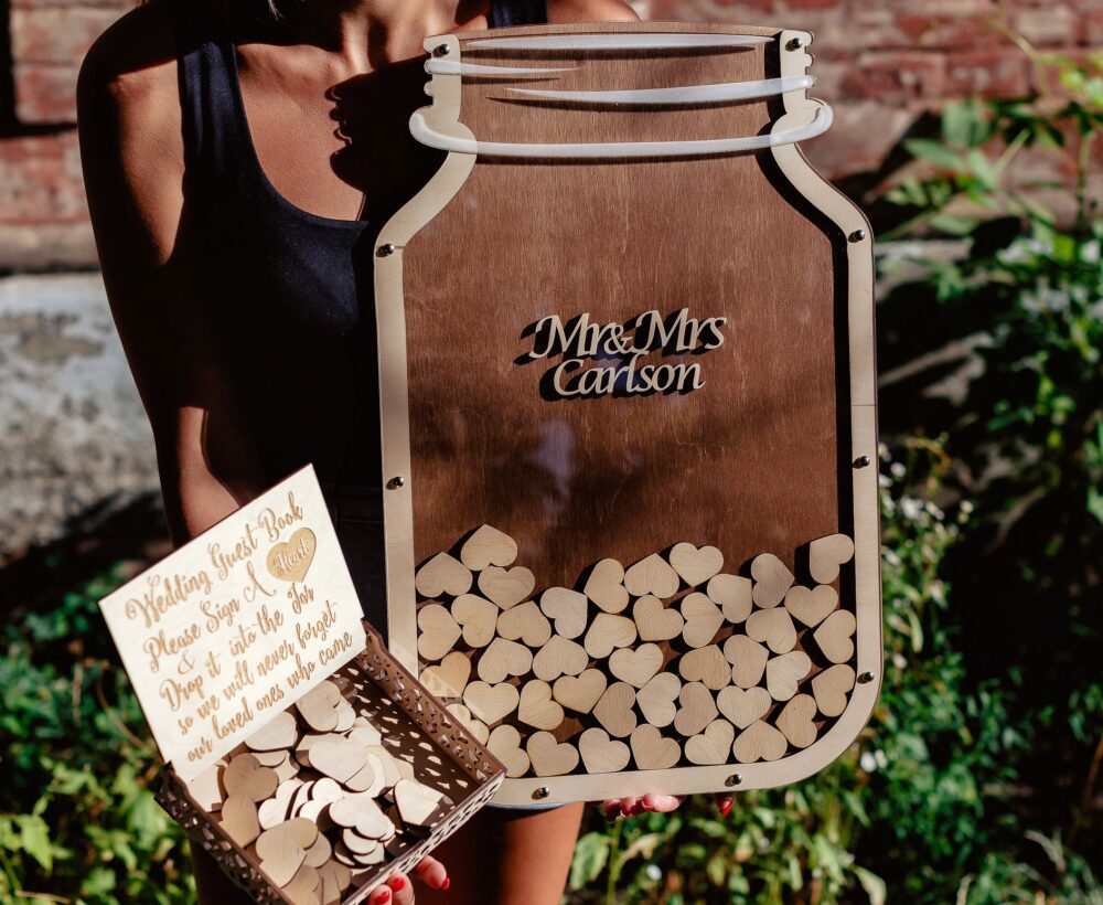 Mason Jar Wedding Guest Book Alternative, Wooden Hearts, Custom Names
