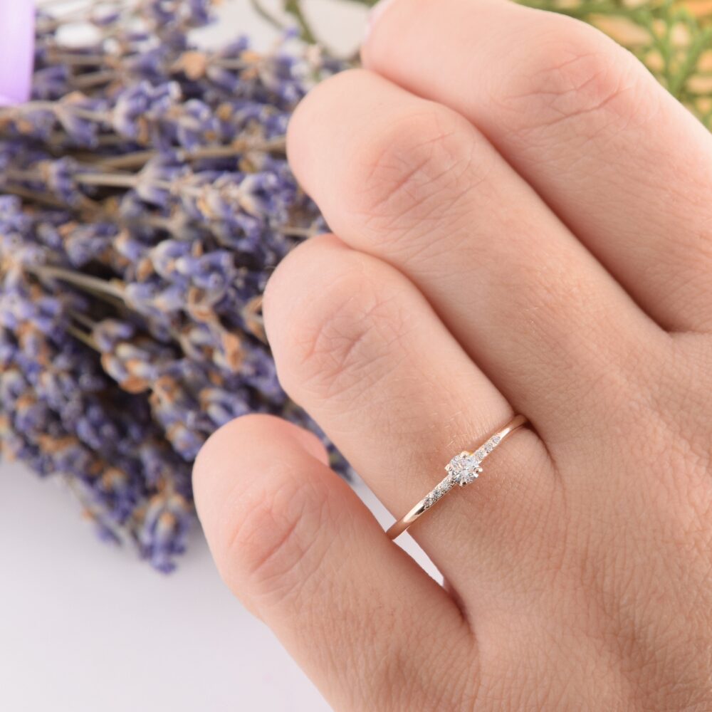 14K Solid Rose Gold Small & Dainty Promise Ring For Her, Womens Unique Ring, Simple Delicate White Cz
