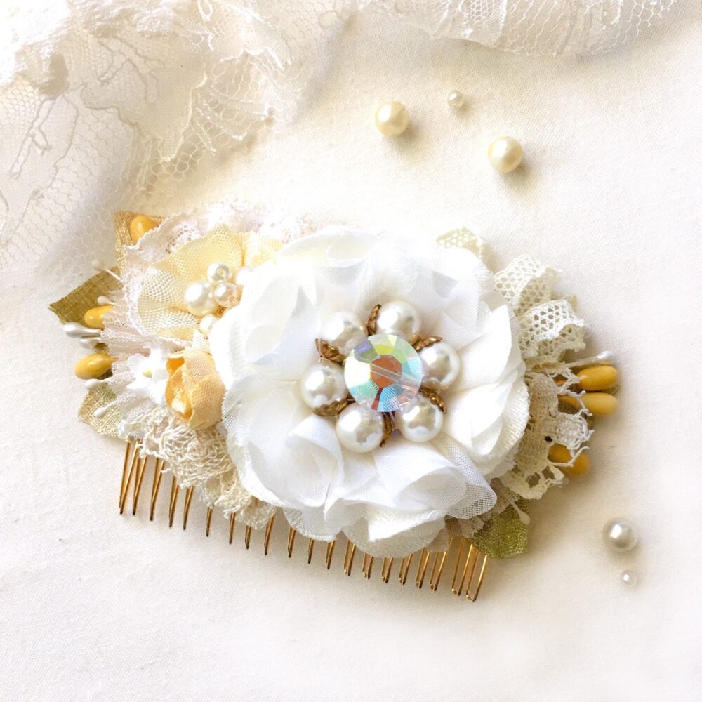 Floral Bridal Hair Comb Pearl & Lace Wedding Accessory