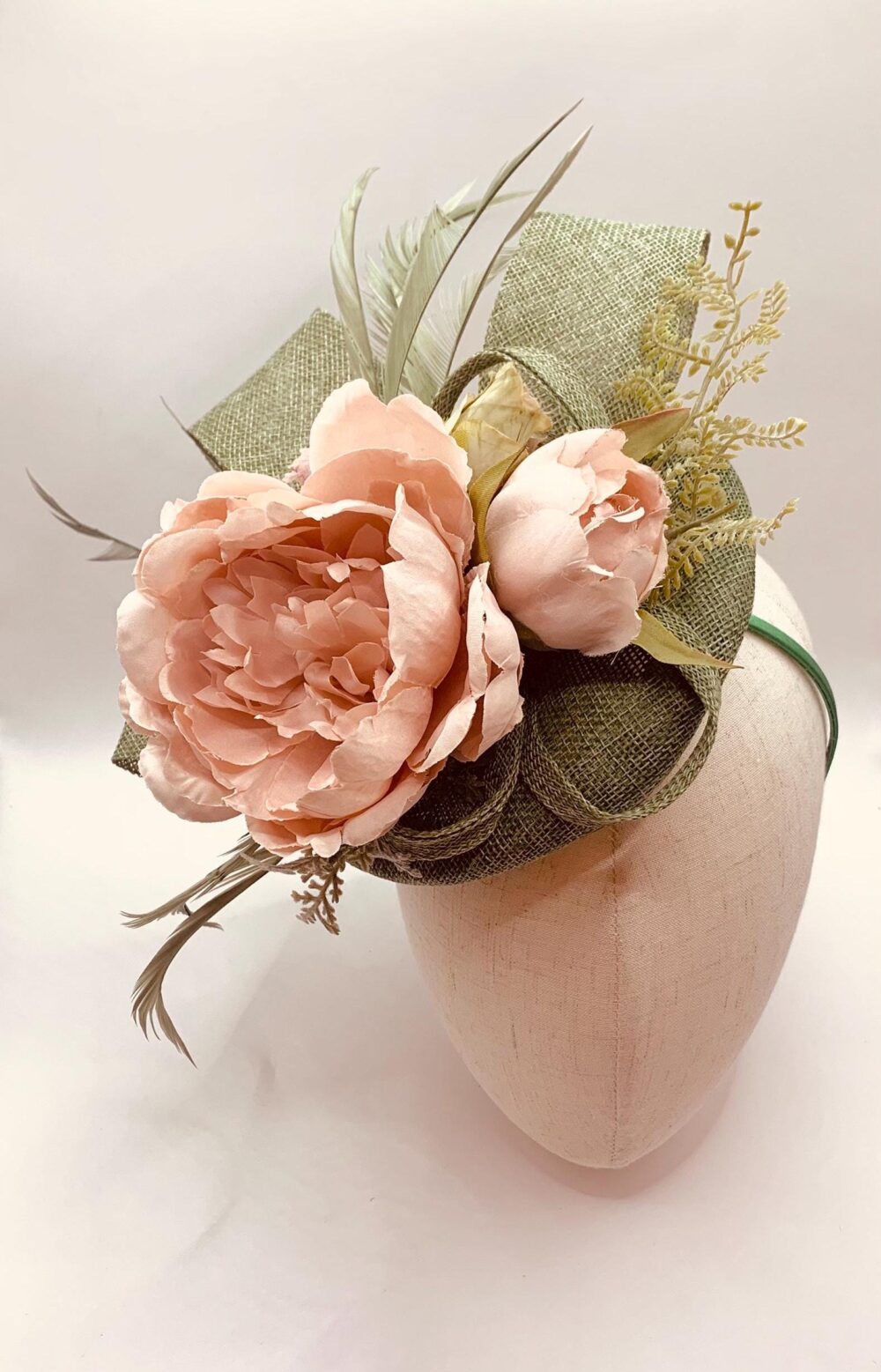 Peony Flower Wedding Fascinator Derby Ascot Race Day Hat Sage Green & Blush Pink
