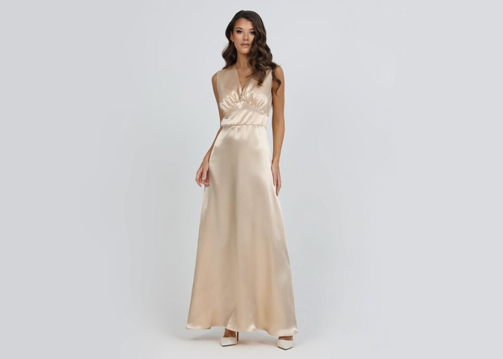 Beige Bridesmaid Dress Satin, Wedding Guest Dress, Satin Evening Long Crepe Back Sleeveless