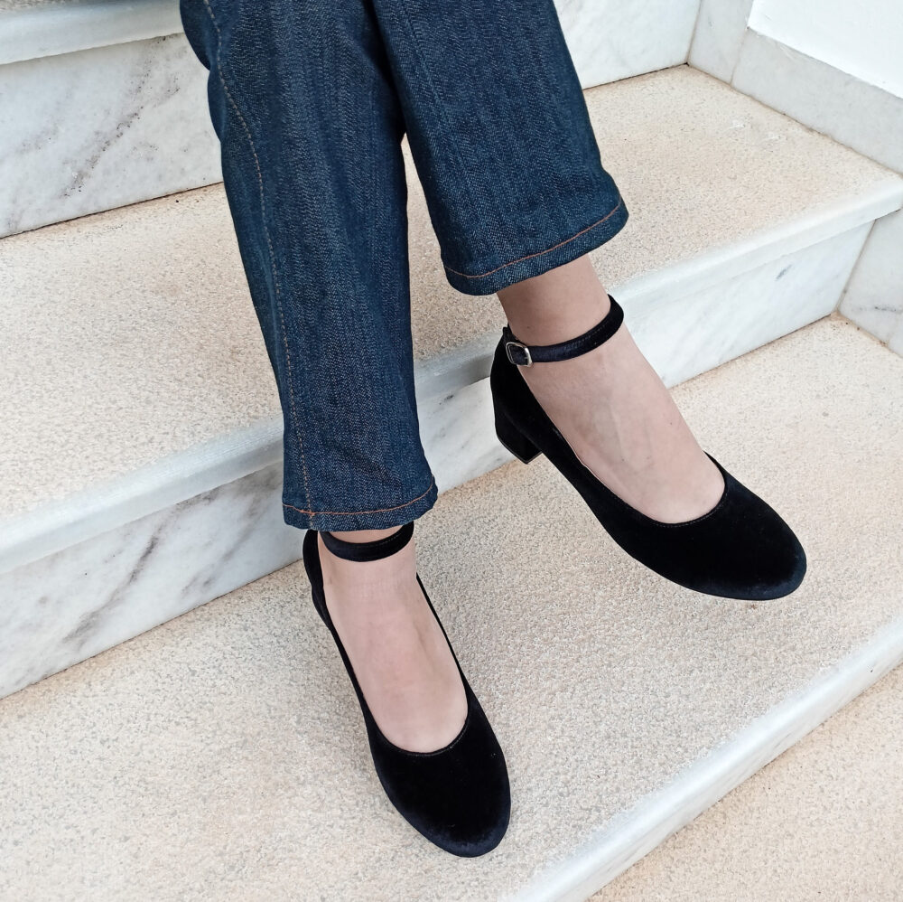 Velvet Black Pumps, Block Heel, Ballerinas Pumps With Ankle Strap, Smile Cut Rounded Toe, Women's Comfy Evening Dress Shoes