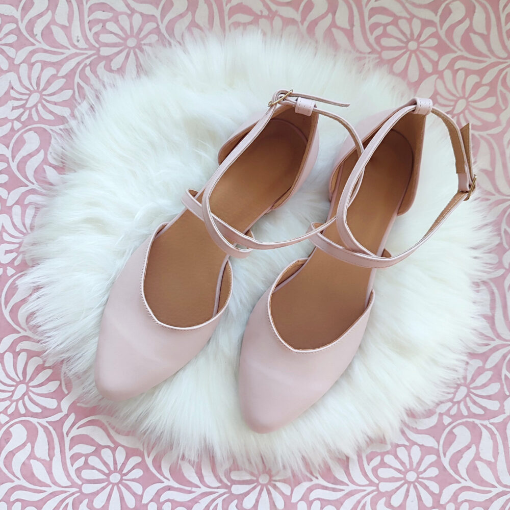Fairytale Wedding, Blush Wedding Shoes, Bridal Cross-Front Flats, Pink Leather Women's Ballerinas, Bridesmaids Dusty Rose Closed Toe Sandals