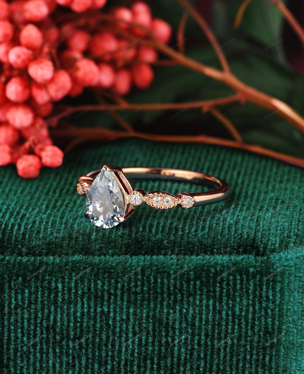 Cyan Blue Moissanite Bridal Ring Set, Anniversary Gifts, Classic 1.3Ct Pear Shape Engagement Ring, Cathedral Wedding