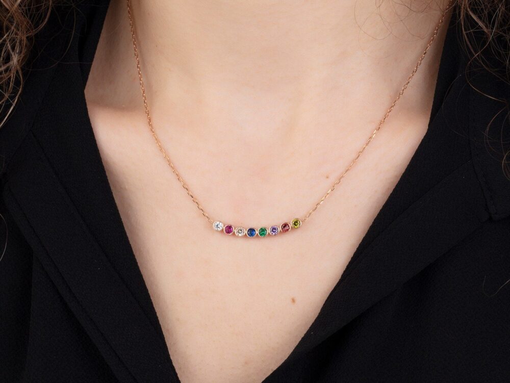 14K Gold Family Birthstone Necklace, Personalized Mothers Gift