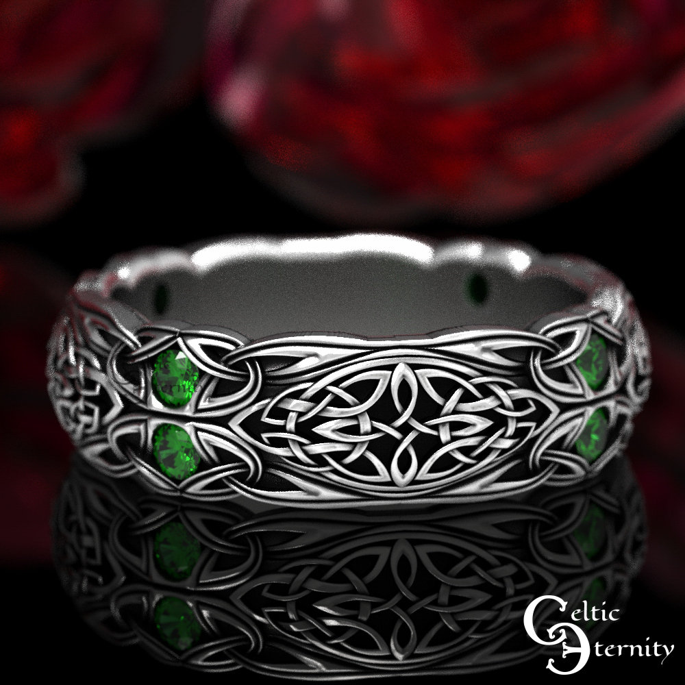sterling & Emerald Celtic Wedding Ring, Band, Silver Eternity 1468