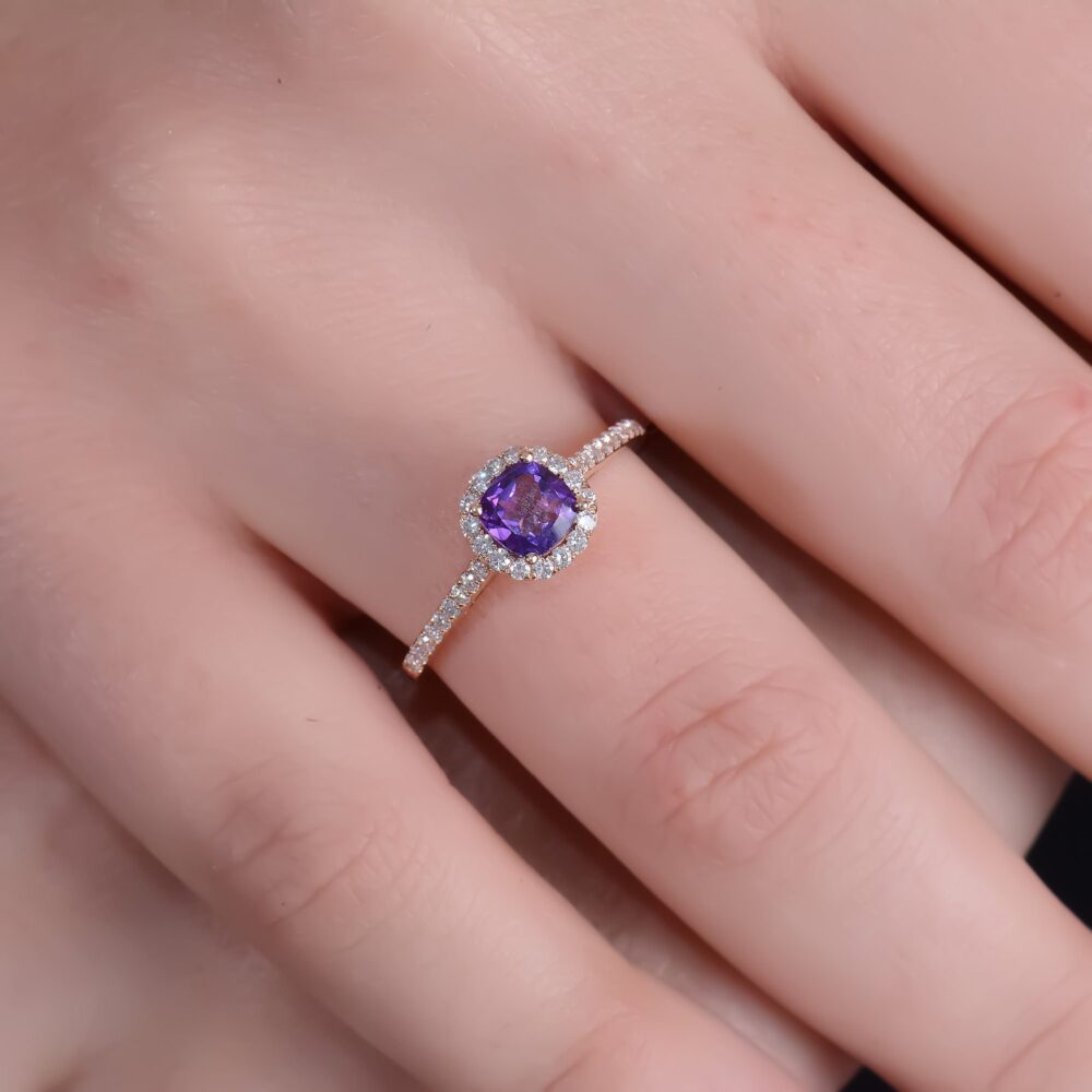 Handmade Amethyst Engagement Ring Diamond Halo, Solid Gold