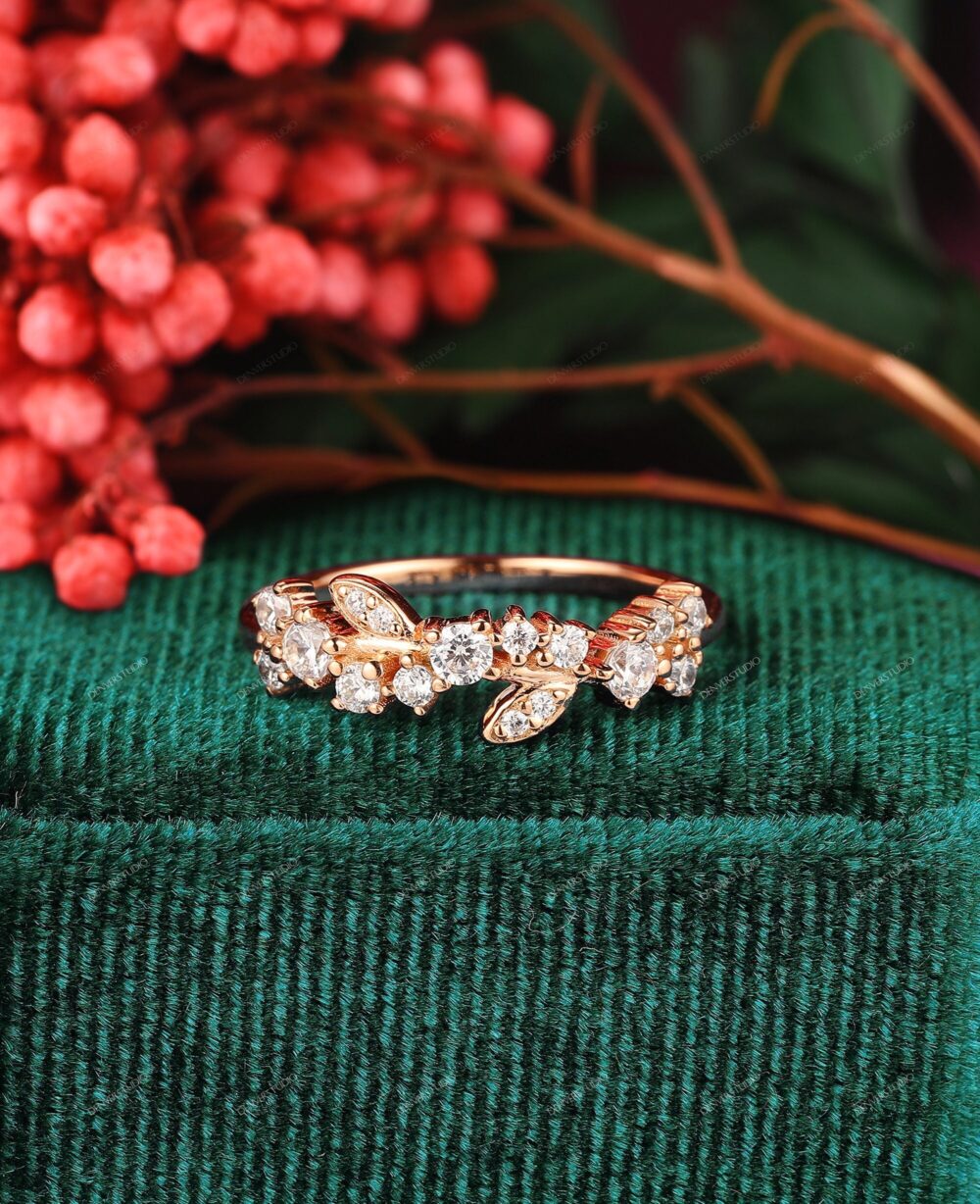 Vine Shape Natural Diamond Ring, Daily Moissanite Matching Ring Band, Enhancer, Moisssanite 18K God Stacking Gold