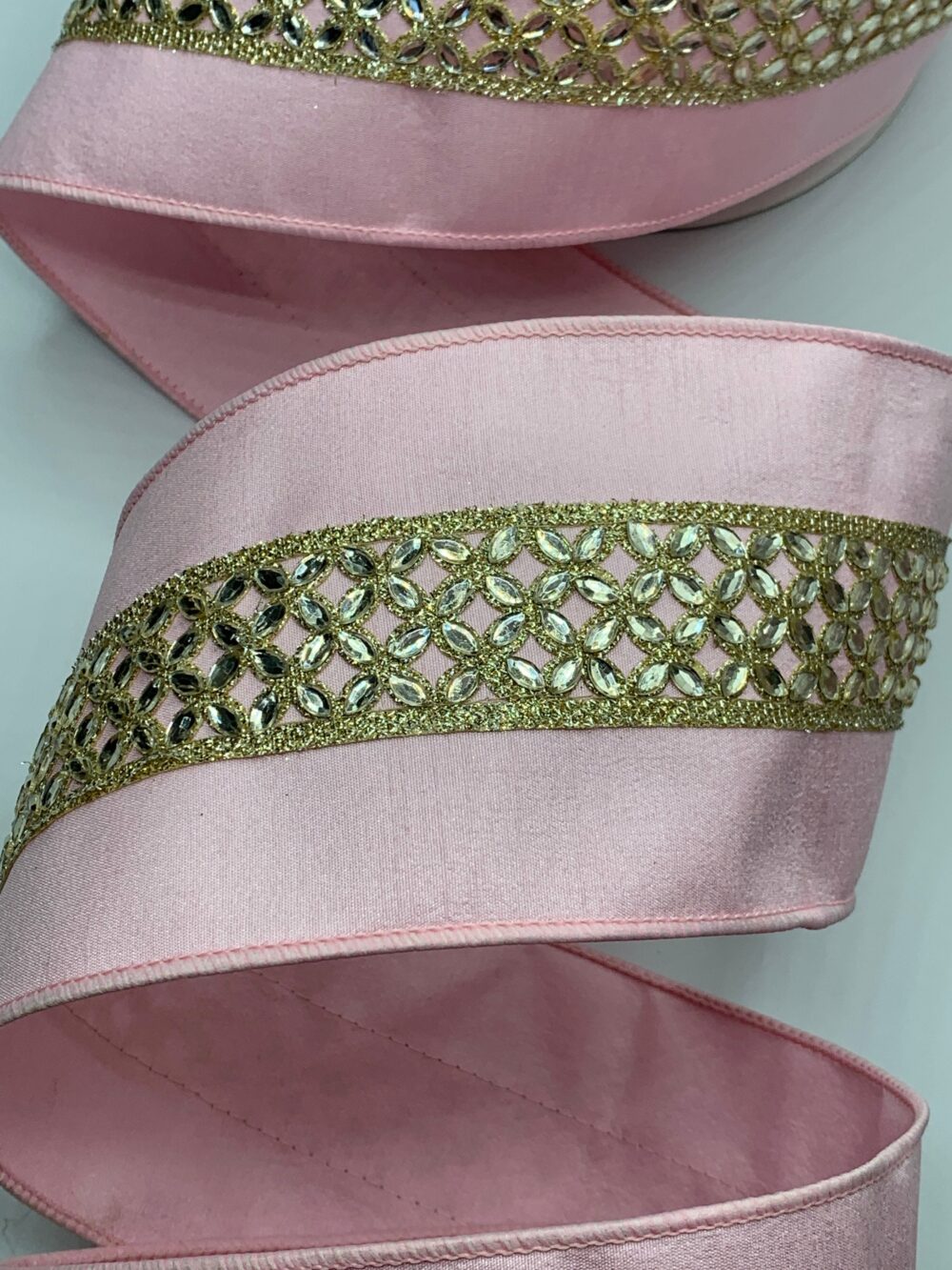 4" Spring Jewels Ribbon ~ Light Pink Fused Back Gold Jewel Center Wired Edges Farrisilk 10 Yard Roll