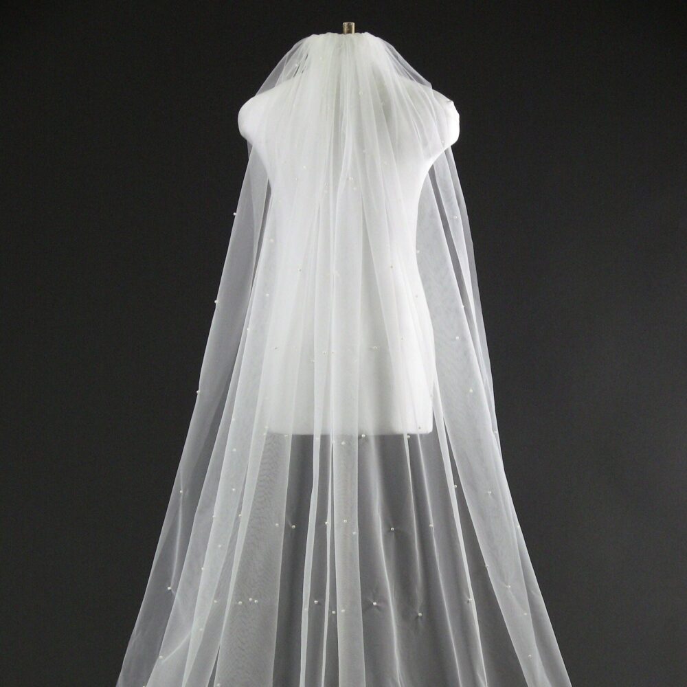 Pearls Wedding Veil With Blushe Bridal Veil Pearls Single Layer Cut Edge