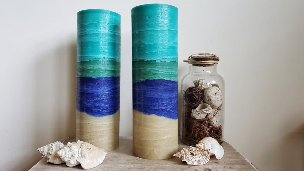 Turquoise Green Blue Tan Beach Pillar Candle